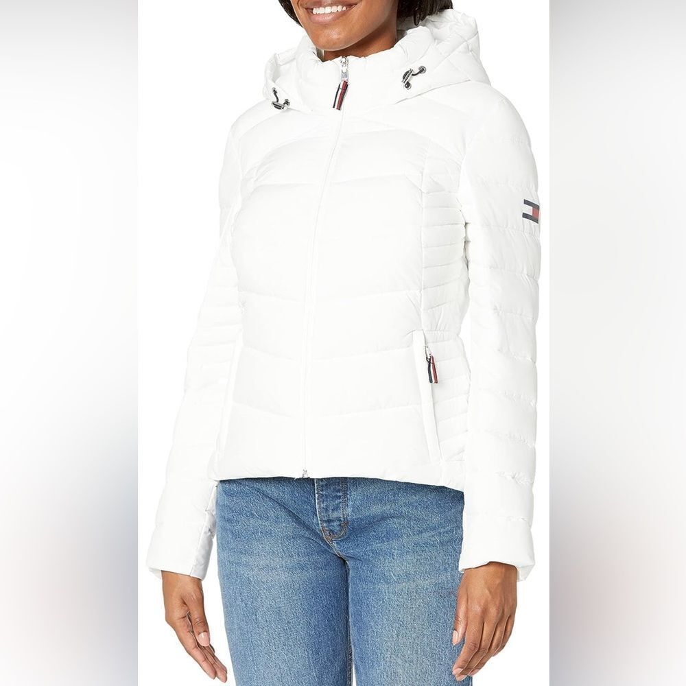 Tommy Hilfiger Women Hooded Zip Front Short Packable Jacket White NEW XL